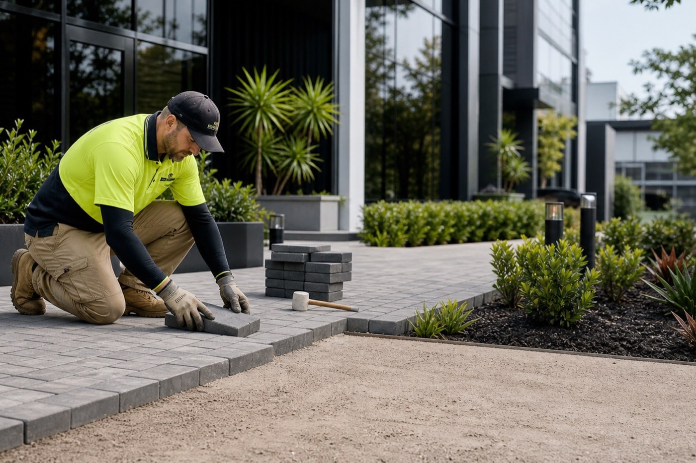 Hard landscaping works including paving, retaining walls and commercial outdoor structures