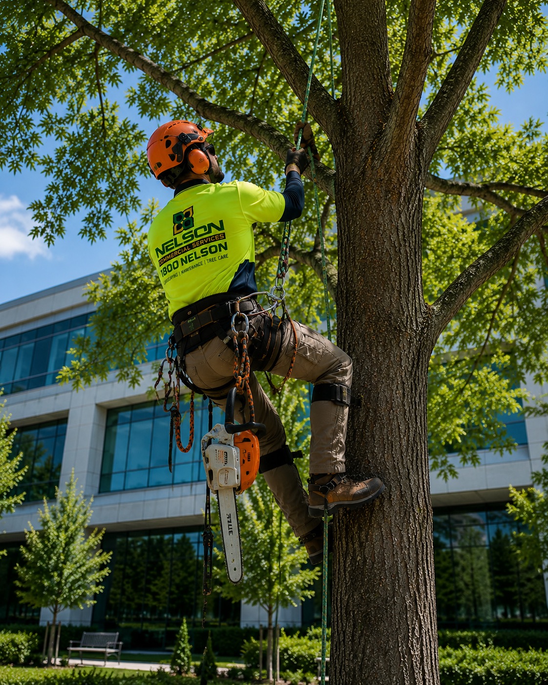 Professional tree care and removal work at a commercial property in Brisbane
