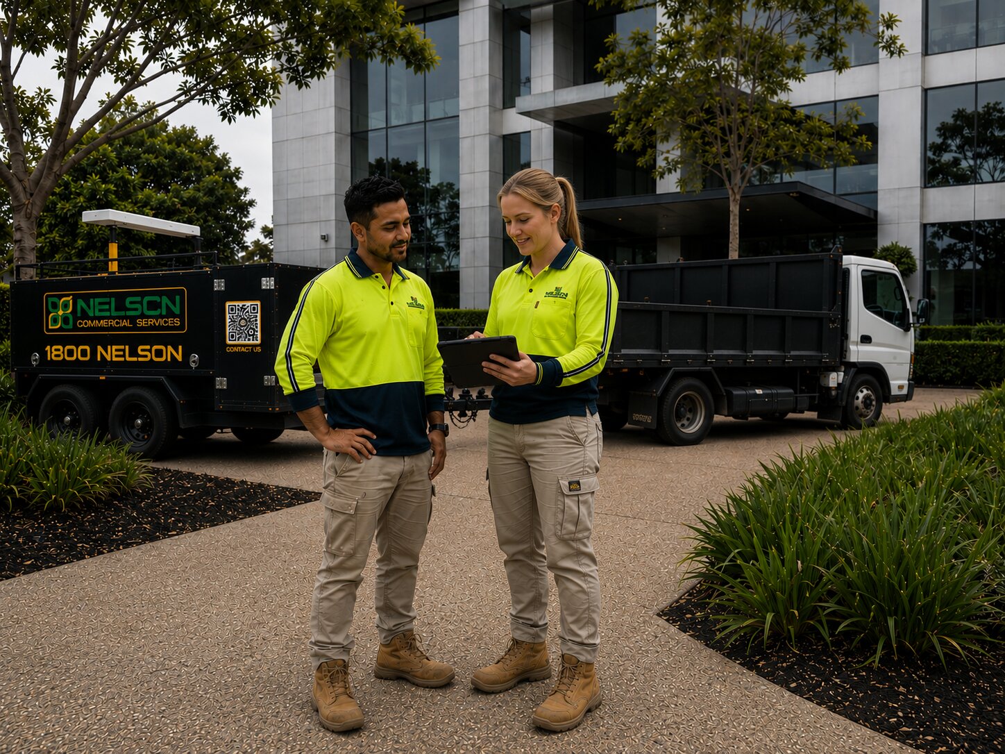 Nelson Commercial facility management team with tablet reviewing grounds maintenance at a commercial property